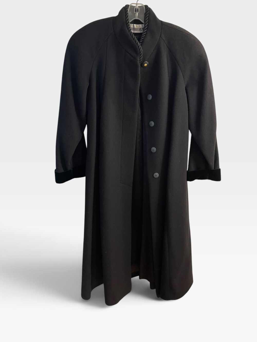 Vintage Leslie Fay Black 100% Wool Long Coat Size 6 Rope Trim Velvet Cuffs